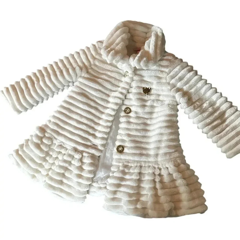Juicy Couture Faux Fur Coat 2T White Ribbed Ruffle Hem Glam Coquette